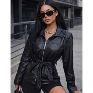 Classic Black Leather Zip Belted Jacket